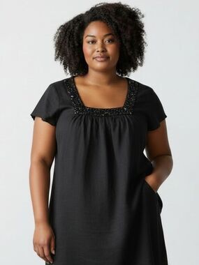 Style & Co Black Beaded Front 100% Linen Tunic Top